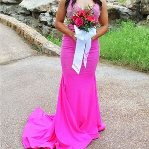 ellie wilde Hot Pink Beaded Mermaid Prom Gown